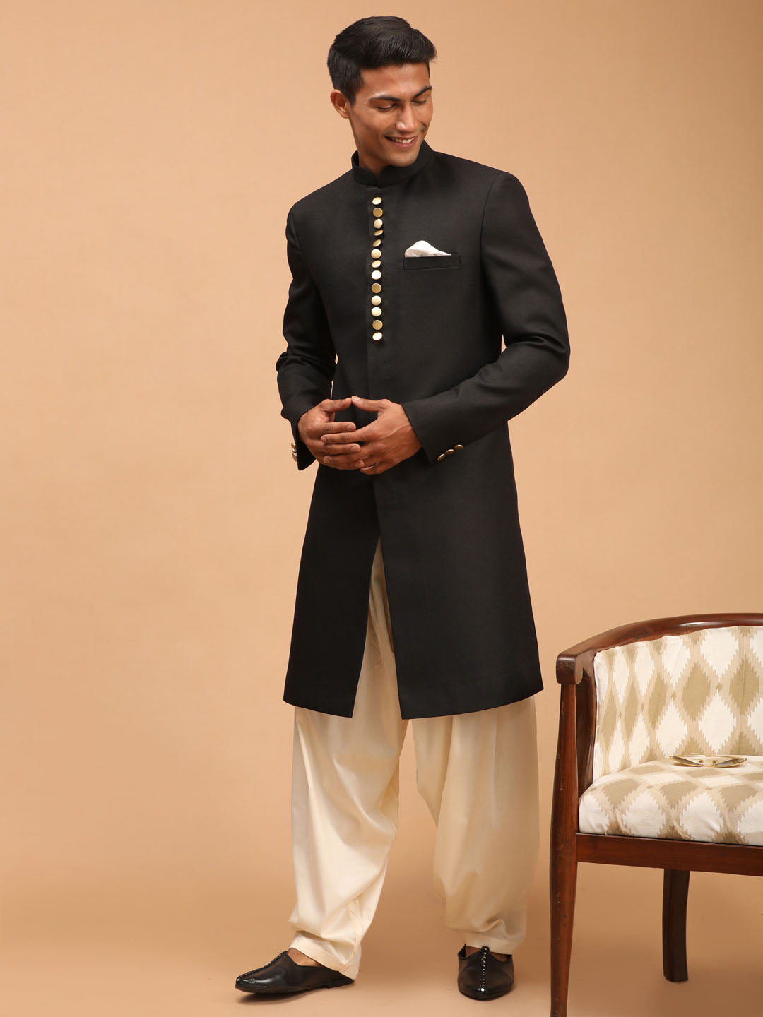 VASTRAMAY MEN'S BLACK SHERWANI WITH PATIALA SET