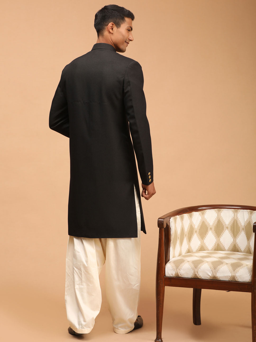 VASTRAMAY MEN'S BLACK SHERWANI WITH PATIALA SET