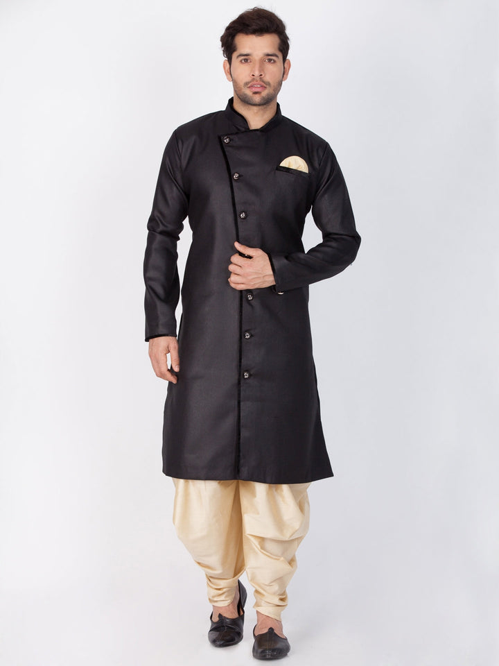 VM By VASTRAMAY Men's Black Cotton Blend Sherwani Only Top