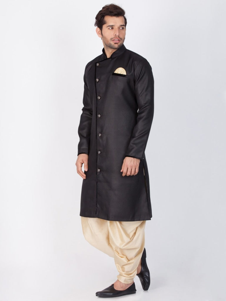 VM By VASTRAMAY Men's Black And Gold Cotton Blend Sherwani Set