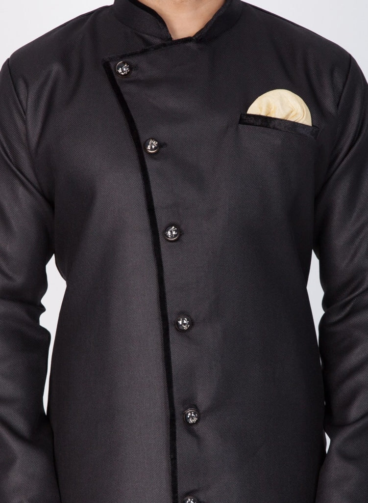 VM By VASTRAMAY Men's Black And Gold Cotton Blend Sherwani Set