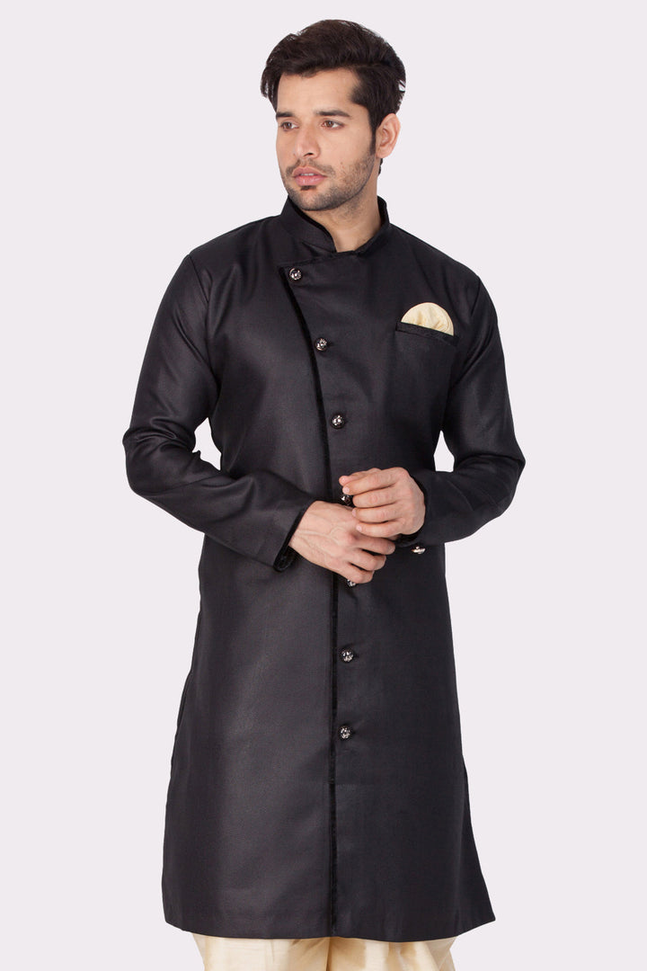 VM By VASTRAMAY Men's Black Cotton Blend Sherwani Only Top