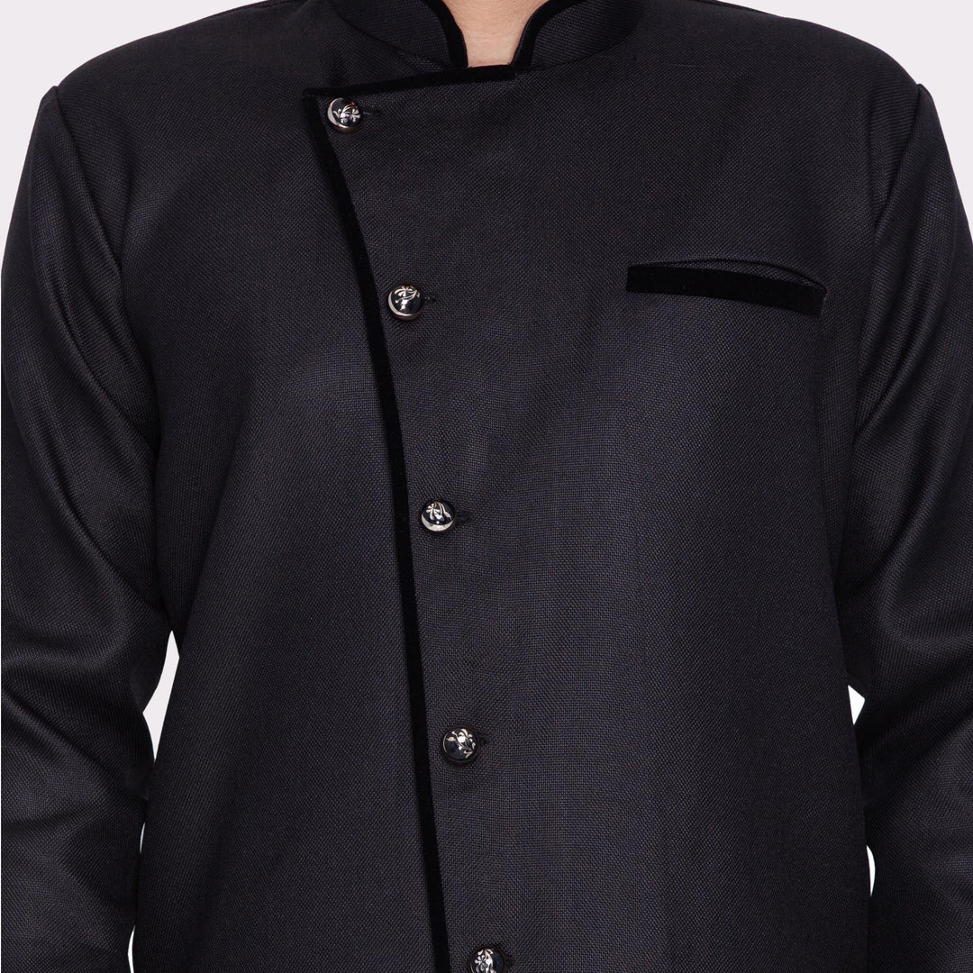 VM By VASTRAMAY Men's Black Cotton Blend Sherwani Only Top