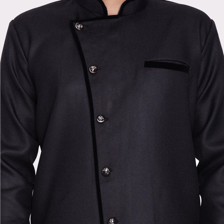 VM By VASTRAMAY Men's Black Cotton Blend Sherwani Only Top