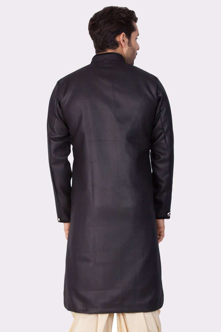 VM By VASTRAMAY Men's Black Cotton Blend Sherwani Only Top