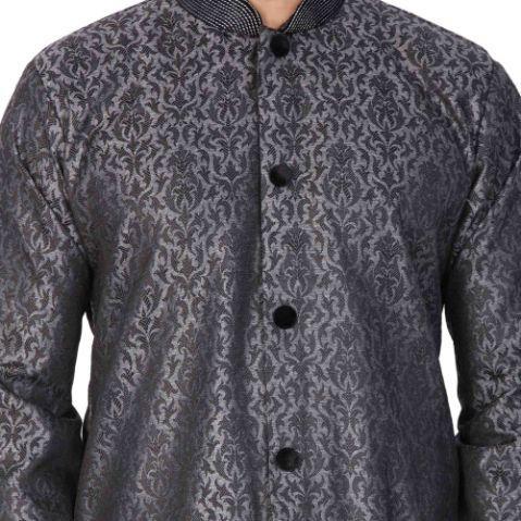 VASTRAMAY Men's Grey And Black Silk Blend Sherwani Set