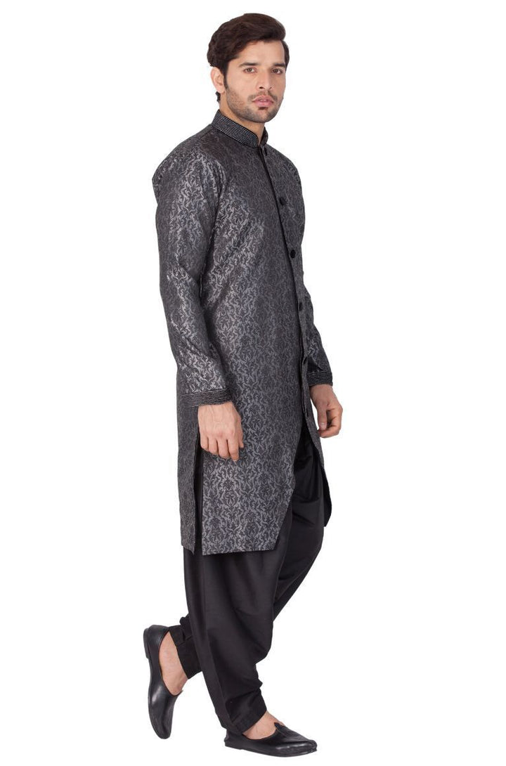 VASTRAMAY Men's Grey And Black Silk Blend Sherwani Set