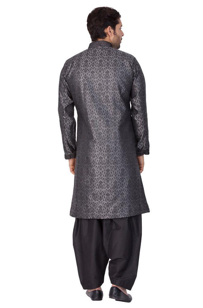 VASTRAMAY Men's Grey And Black Silk Blend Sherwani Set