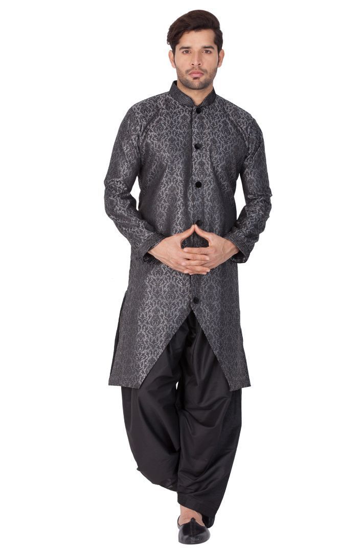 VASTRAMAY Men's Grey And Black Silk Blend Sherwani Set