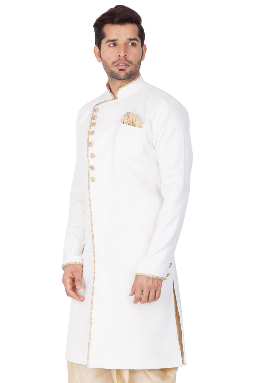 VM By VASTRAMAY Men's White Cotton Blend Sherwani Only Top