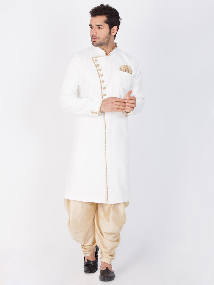 VM By VASTRAMAY Men's White And Gold Cotton Blend Sherwani Set