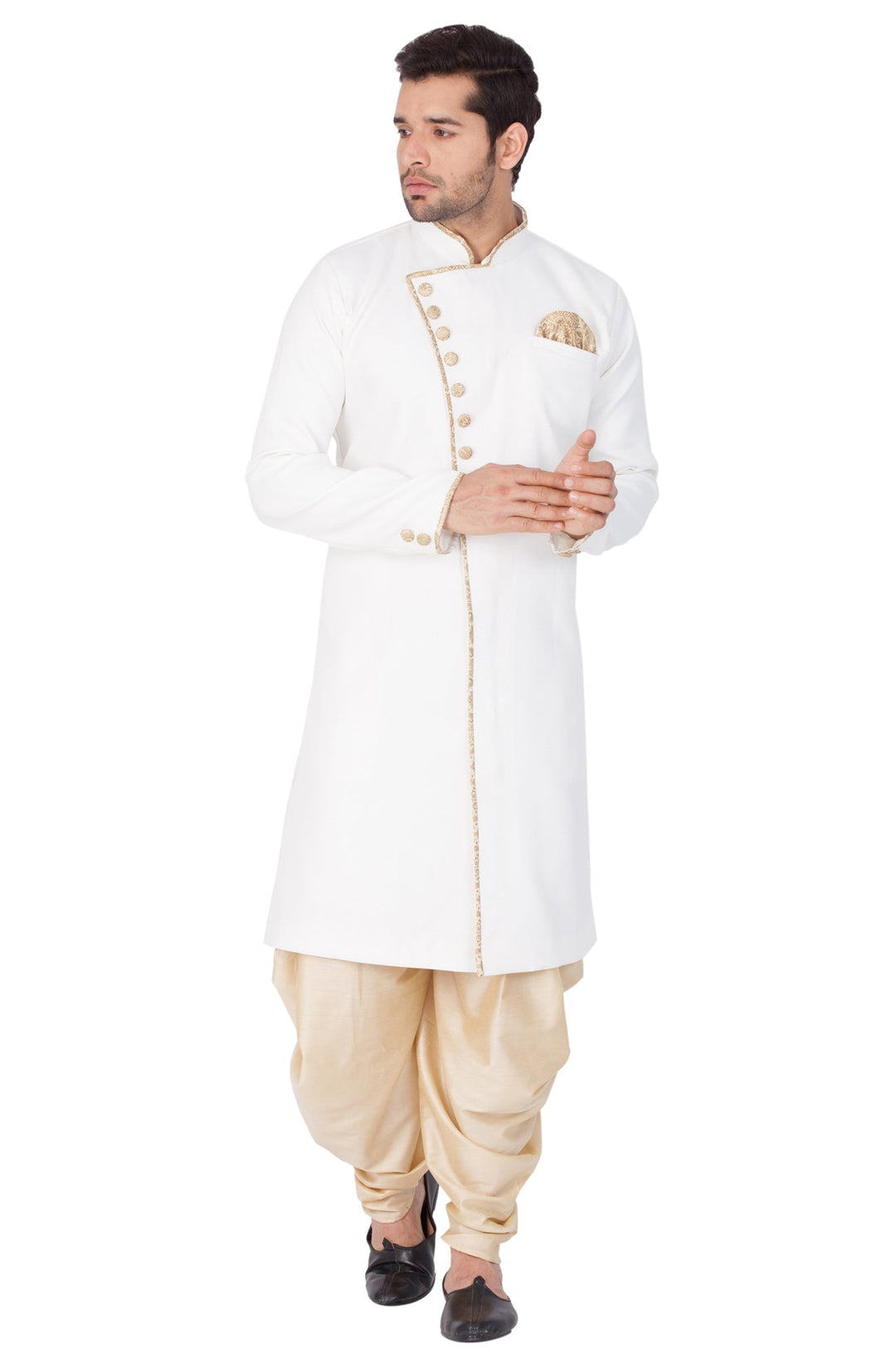 VM By VASTRAMAY Men's White Cotton Blend Sherwani Only Top