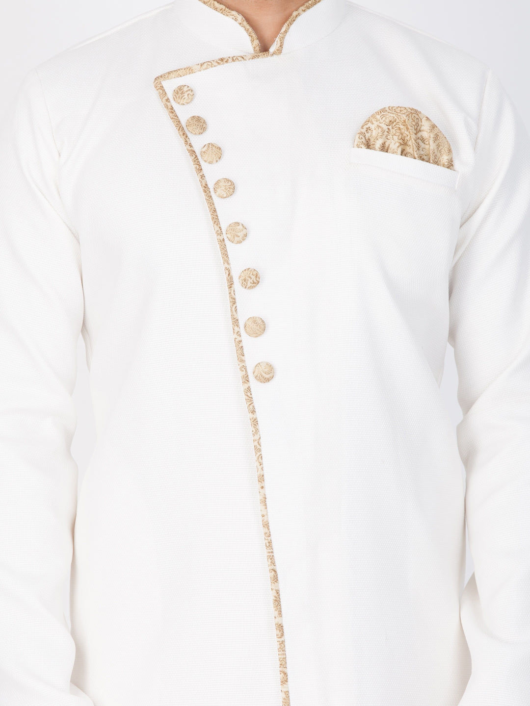 Vastramay Cotton Blend White and Gold Baap Beta Sherwani Set