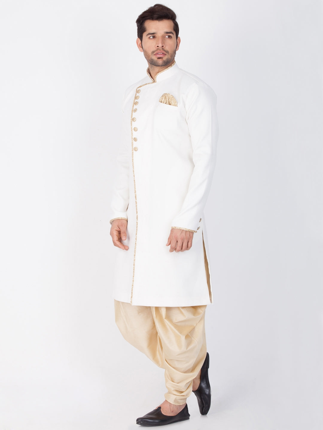 Vastramay Cotton Blend White and Gold Baap Beta Sherwani Set