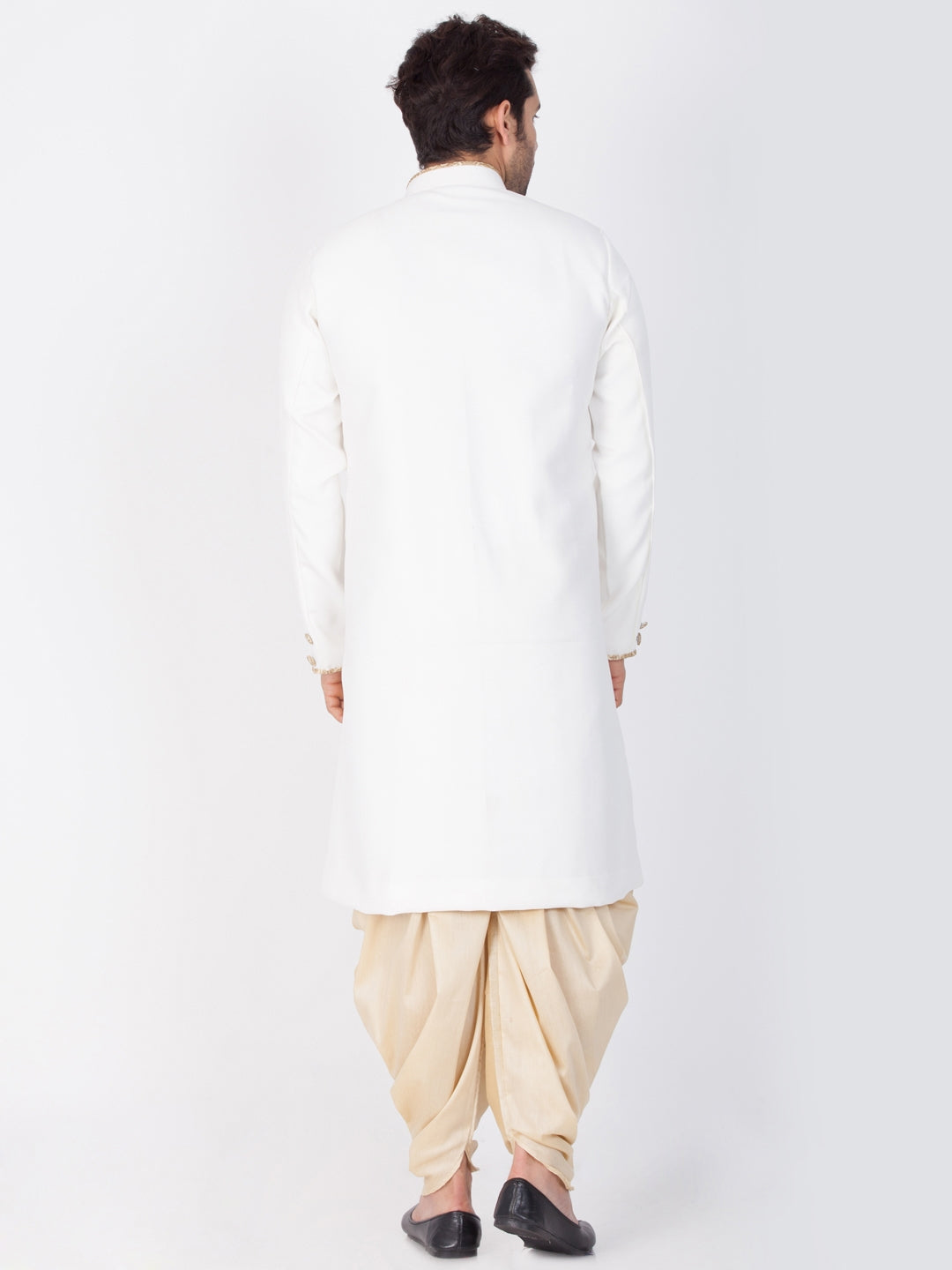 Vastramay Cotton Blend White and Gold Baap Beta Sherwani Set