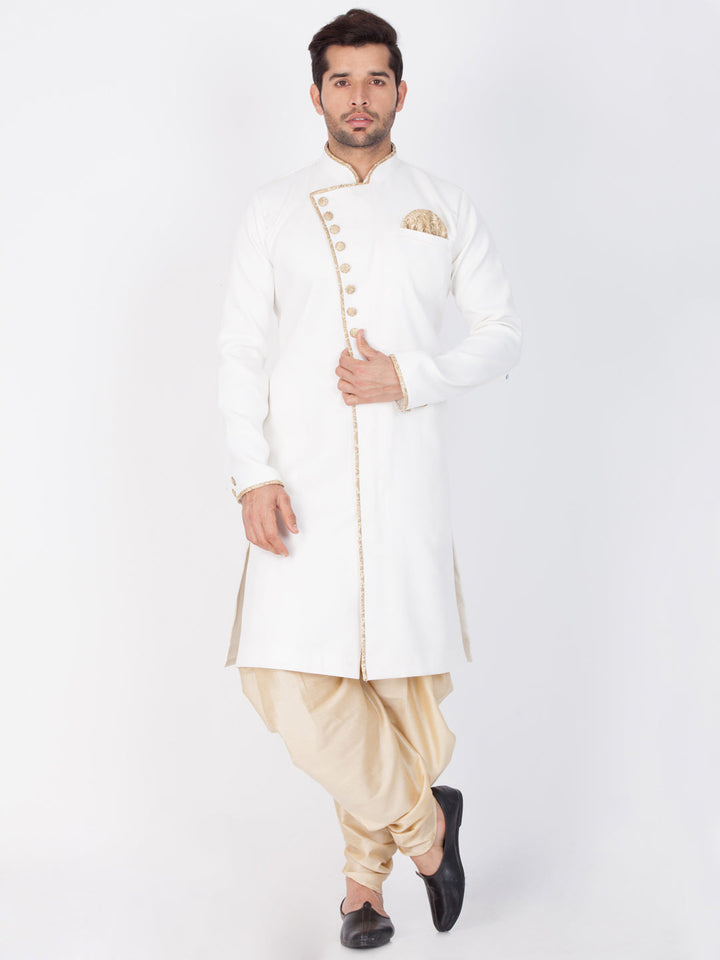 Vastramay Cotton Blend White and Gold Baap Beta Sherwani Set