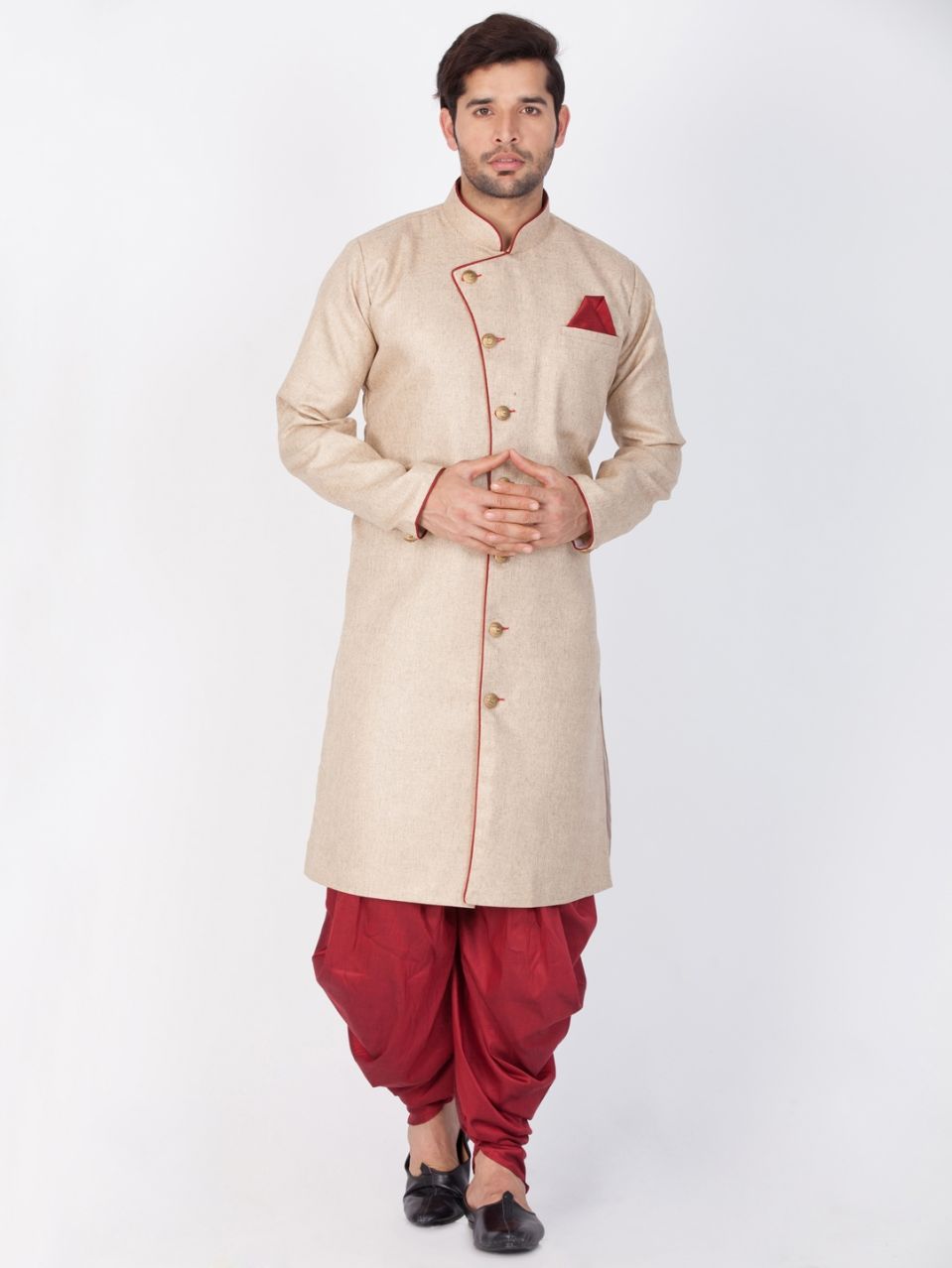 VASTRAMAY Men's Brown Cotton Blend Sherwani Set