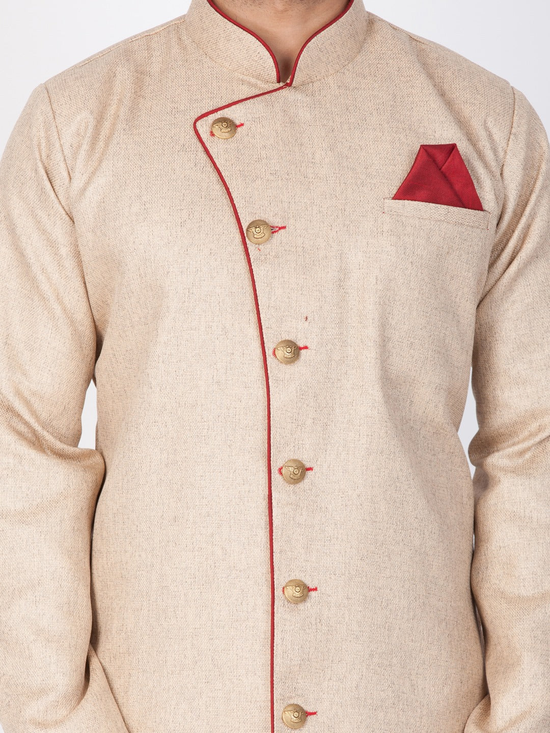 Vastramay Cotton Blend Brown and Maroon Baap Beta Sherwani