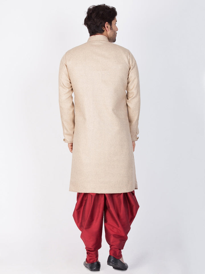 Vastramay Cotton Blend Brown and Maroon Baap Beta Sherwani