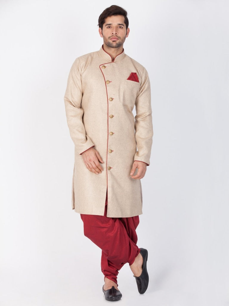 VM By VASTRAMAY Men's Beige Cotton Blend Sherwani Only Top