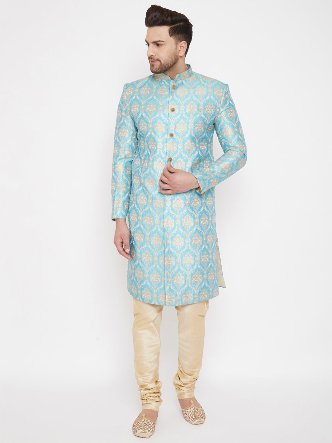 VASTRAMAY Men's Sea Green And Gold Brocade Jacquard Sherwani Set