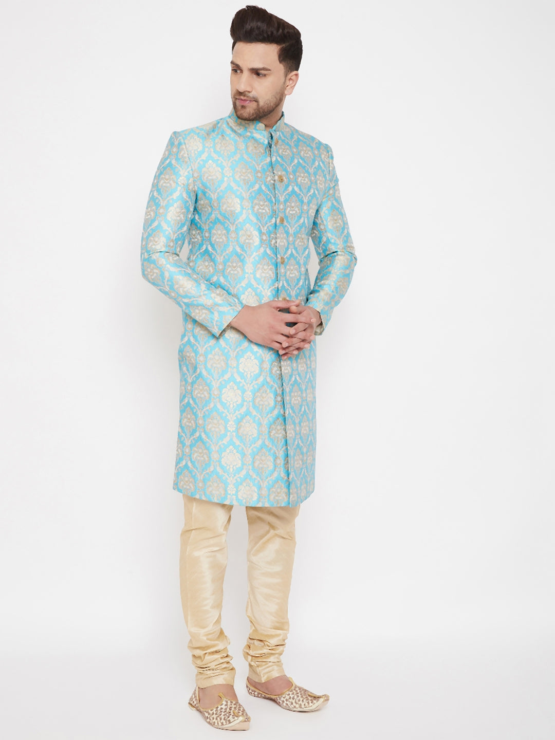 VASTRAMAY Men's Sea Green And Gold Brocade Jacquard Sherwani Set