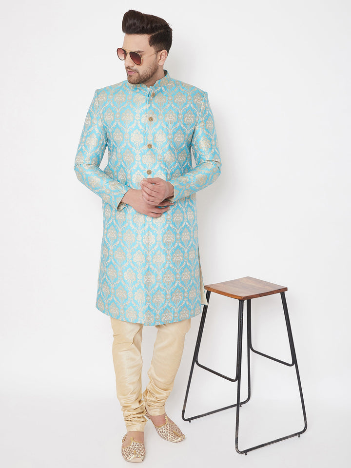 VASTRAMAY Men's Sea Green And Gold Brocade Jacquard Sherwani Set