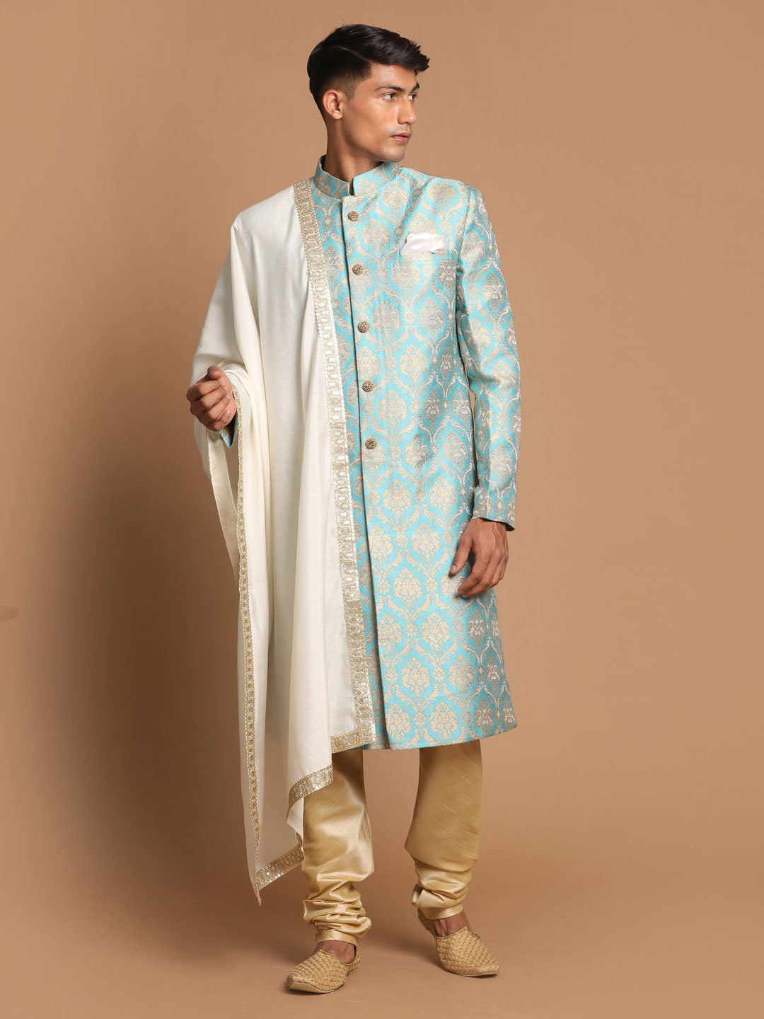 Vastramay Sea Green And Gold Brocade Jacquard Sherwani Set With Cream Dupatta