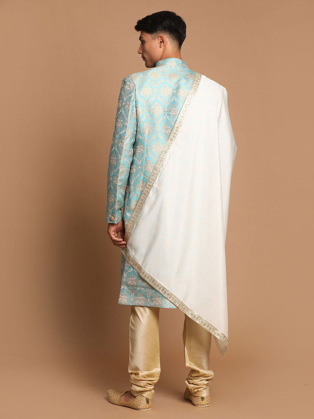 Vastramay Sea Green And Gold Brocade Jacquard Sherwani Set With Cream Dupatta