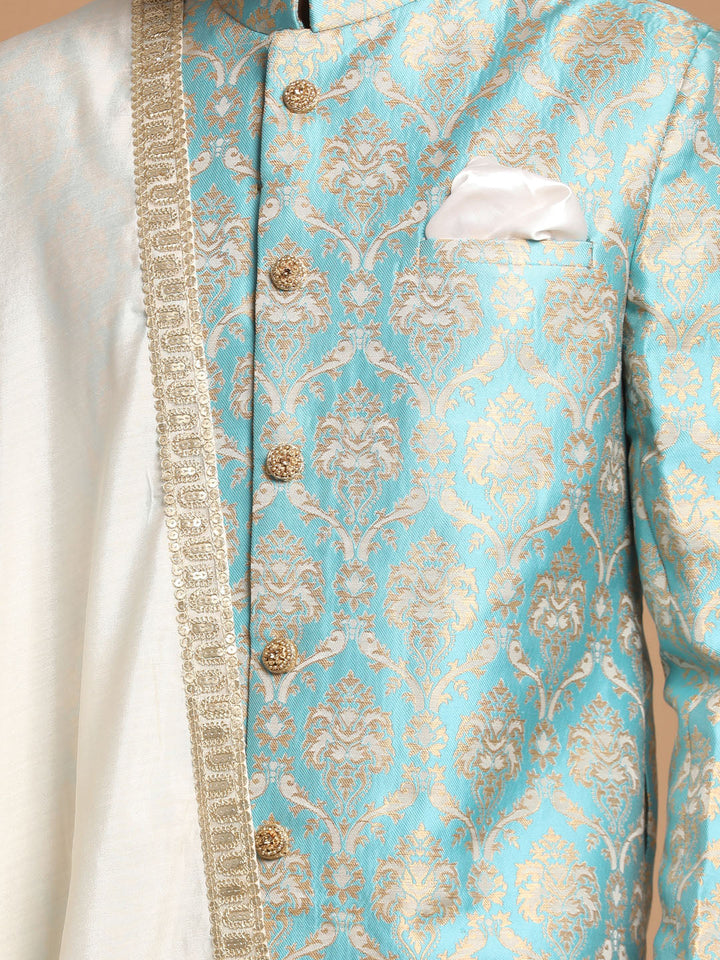 Vastramay Sea Green And Gold Brocade Jacquard Sherwani Set With Cream Dupatta