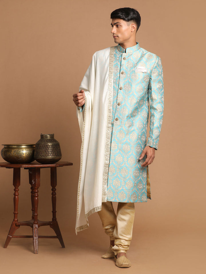 Vastramay Sea Green And Gold Brocade Jacquard Sherwani Set With Cream Dupatta