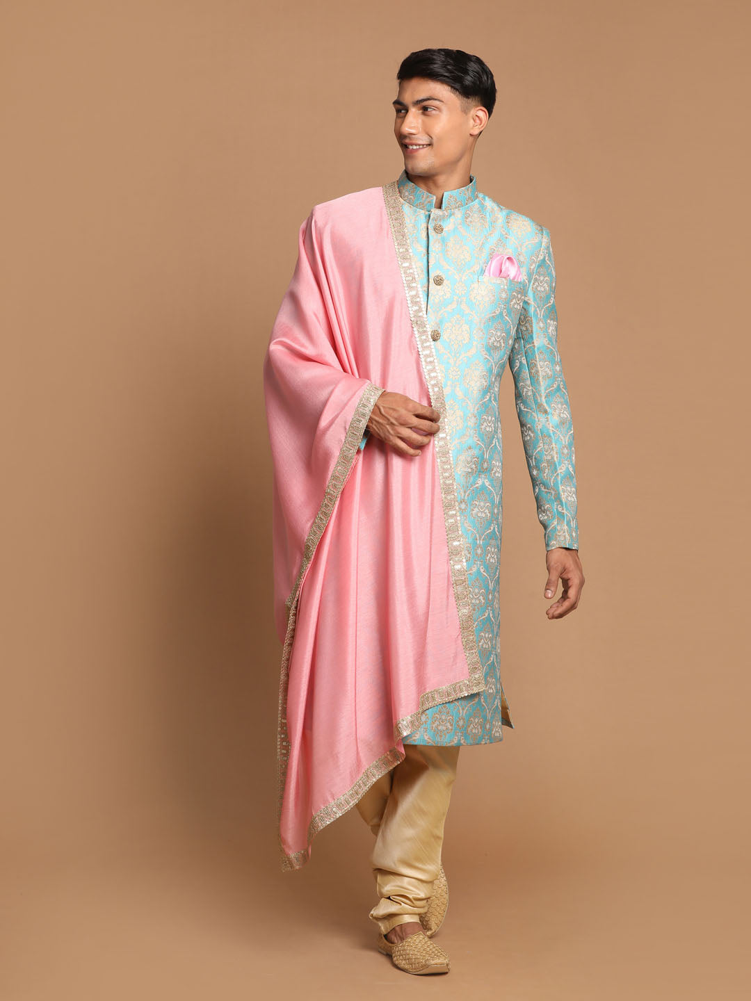 VASTRAMAY Sea Green And Gold Brocade Jacquard Sherwani Set With Pink Dupatta