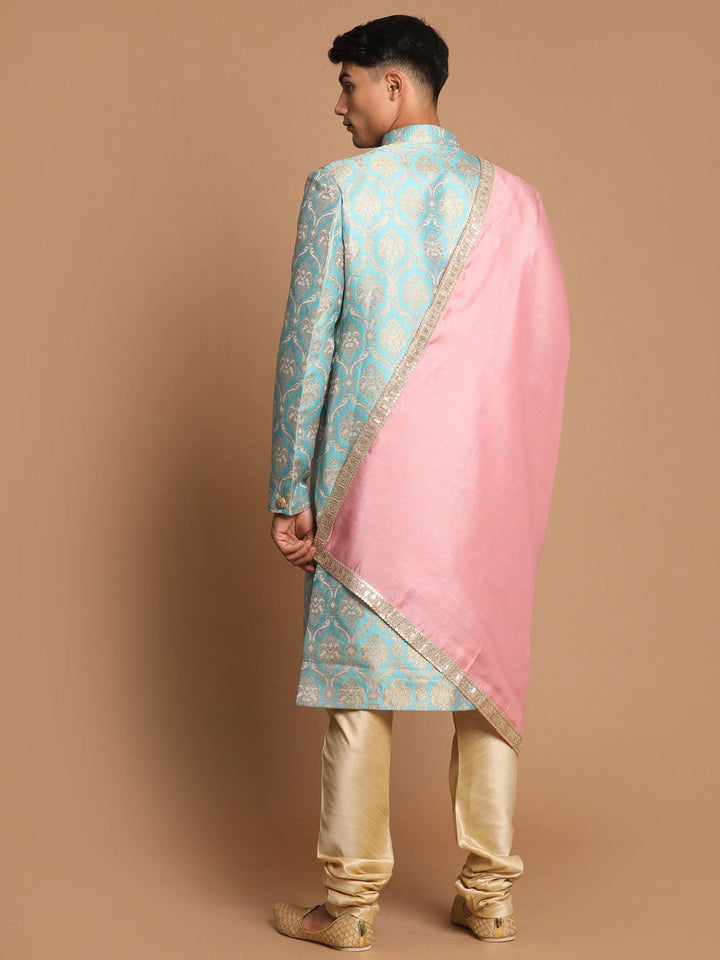 Matching sea green and gold brocade jacquard sherwani and pink dupatta set