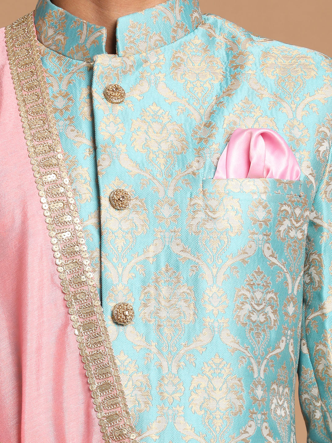 VASTRAMAY Sea Green And Gold Brocade Jacquard Sherwani Set With Pink Dupatta