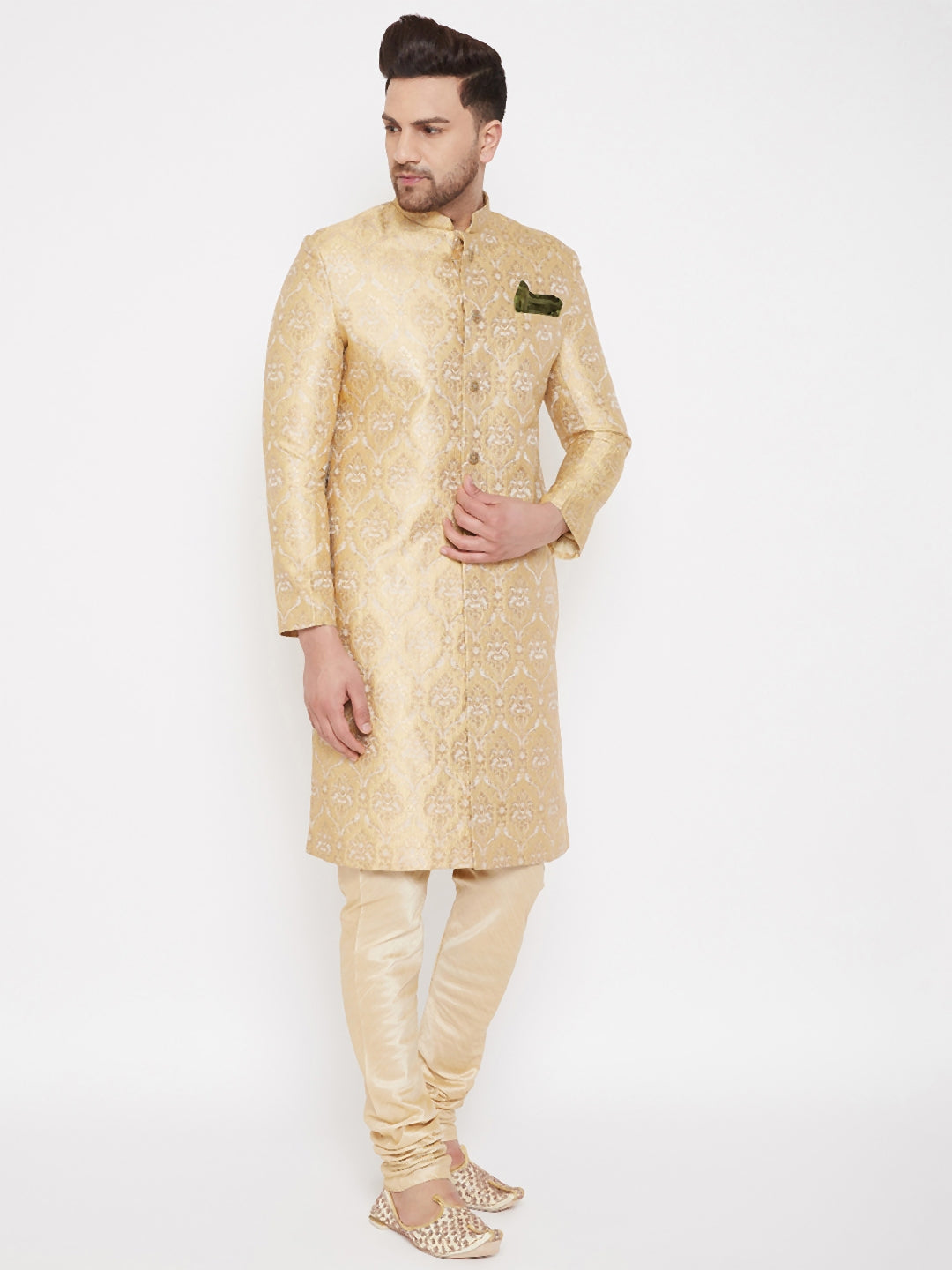 VASTRAMAY Men's Golden Brocade Slim Fit Sherwani Set