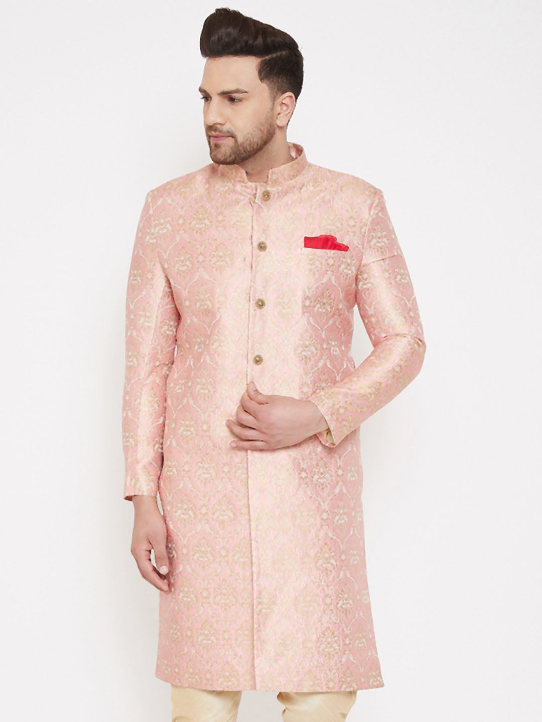 Vastramay Men's Pink Slim Fit Brocade Woven Design Sherwani Set-Only Top