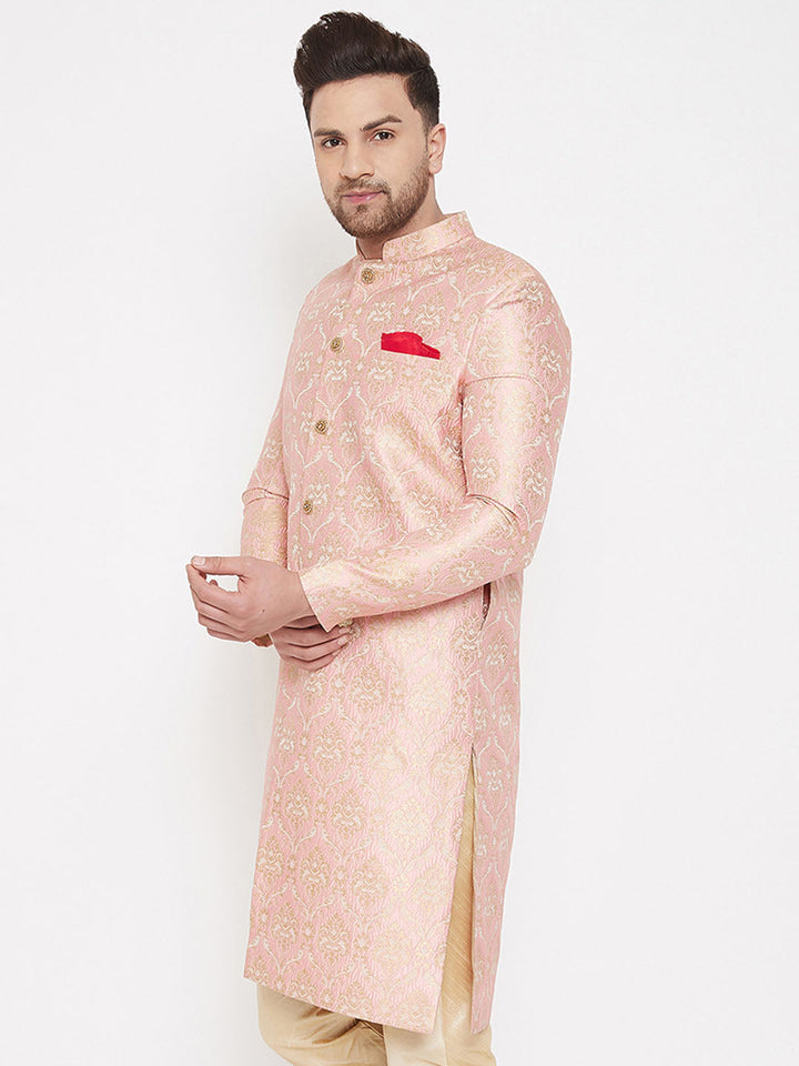 Vastramay Men's Pink Slim Fit Brocade Woven Design Sherwani Set-Only Top