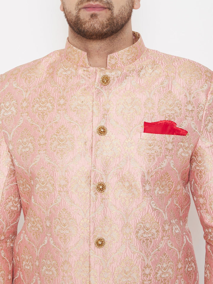 Vastramay Men's Pink Slim Fit Brocade Woven Design Sherwani Set-Only Top