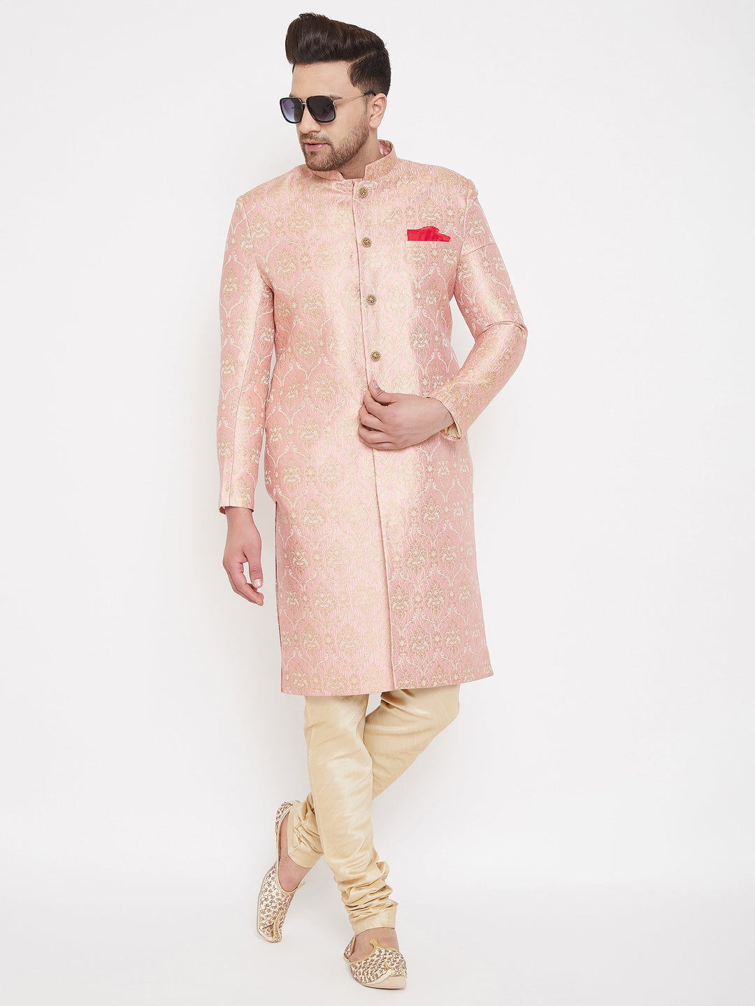 Vastramay Men's Pink Slim Fit Brocade Woven Design Sherwani Set-Only Top