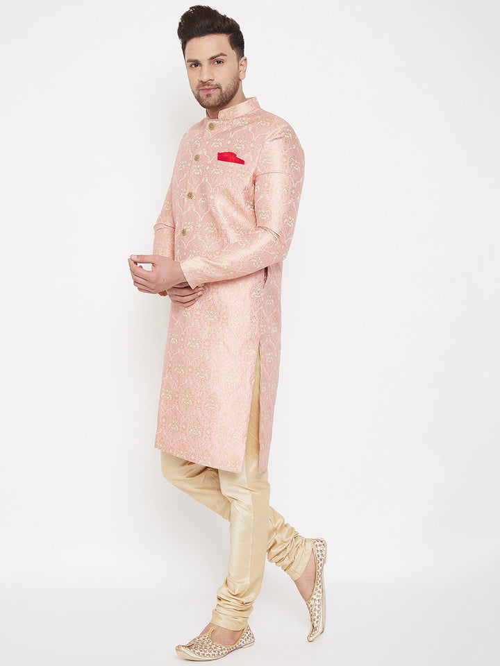 Vastramay Men's Pink And Gold Silk Blend Sherwani Set