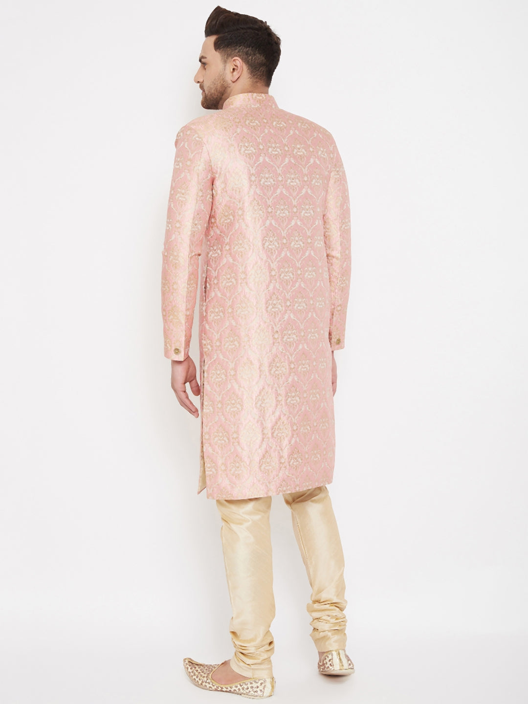 Vastramay Men's Pink And Gold Silk Blend Sherwani Set