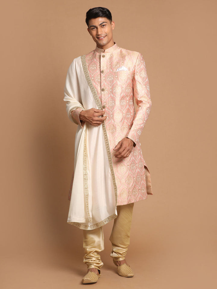 Vastramay Men's Pink And Gold Silk Blend Sherwani Set With Cream Colour Dupatta