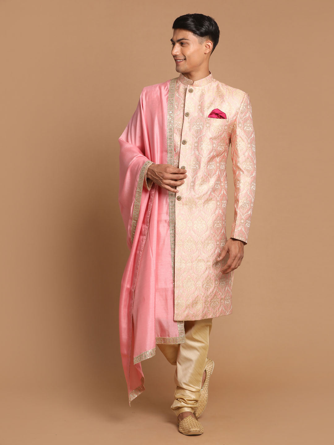 Vastramay Men's Pink And Gold Silk Blend Sherwani Set With Pink Dupatta