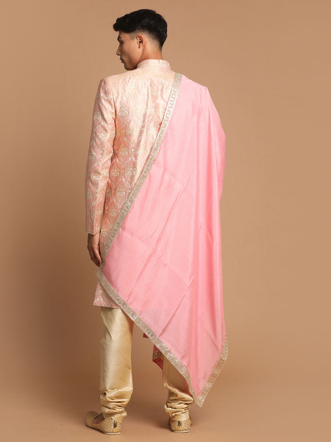 Vastramay Men's Pink And Gold Silk Blend Sherwani Set With Pink Dupatta