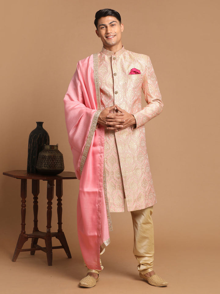 Vastramay Men's Pink And Gold Silk Blend Sherwani Set With Pink Dupatta