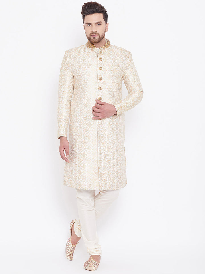 VASTRAMAY Men's Beige And Gold Embroidered Brocade Sherwani Set - Traditional Indian wedding outfit for men with intricate embroidery and elegant design