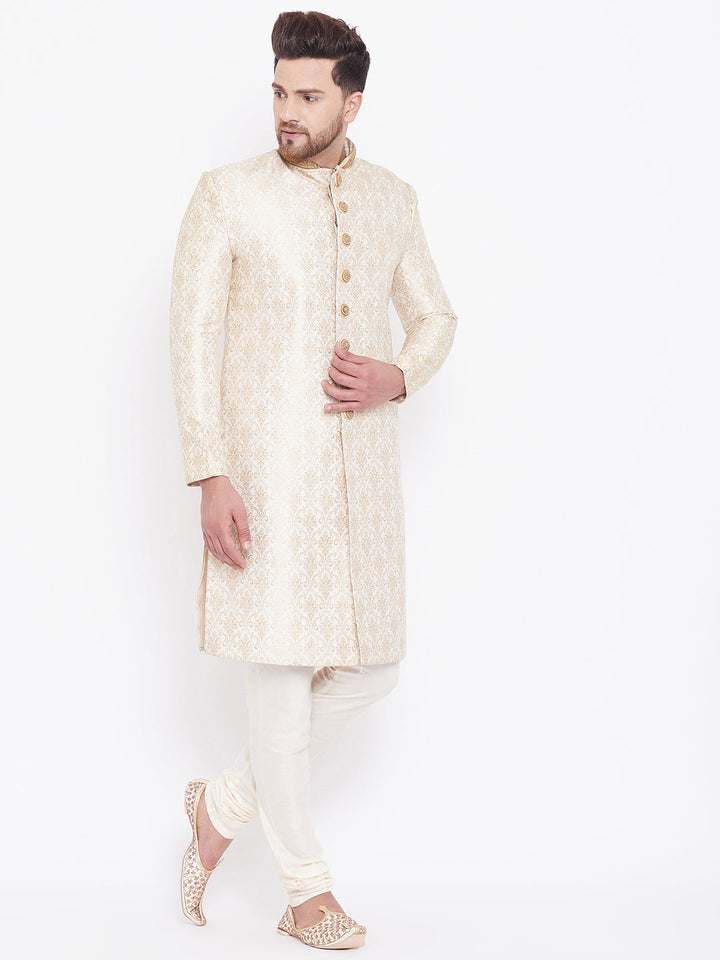 VASTRAMAY Men's Beige And Gold Embroidered Brocade Sherwani Set featuring intricate gold embroidery on beige brocade fabric