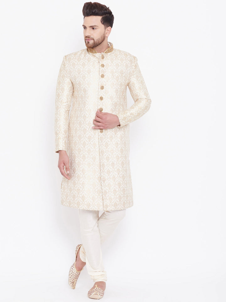 VASTRAMAY Men's Beige And Gold Embroidered Brocade Sherwani Set with intricate detailing and traditional design for weddings and special occasions