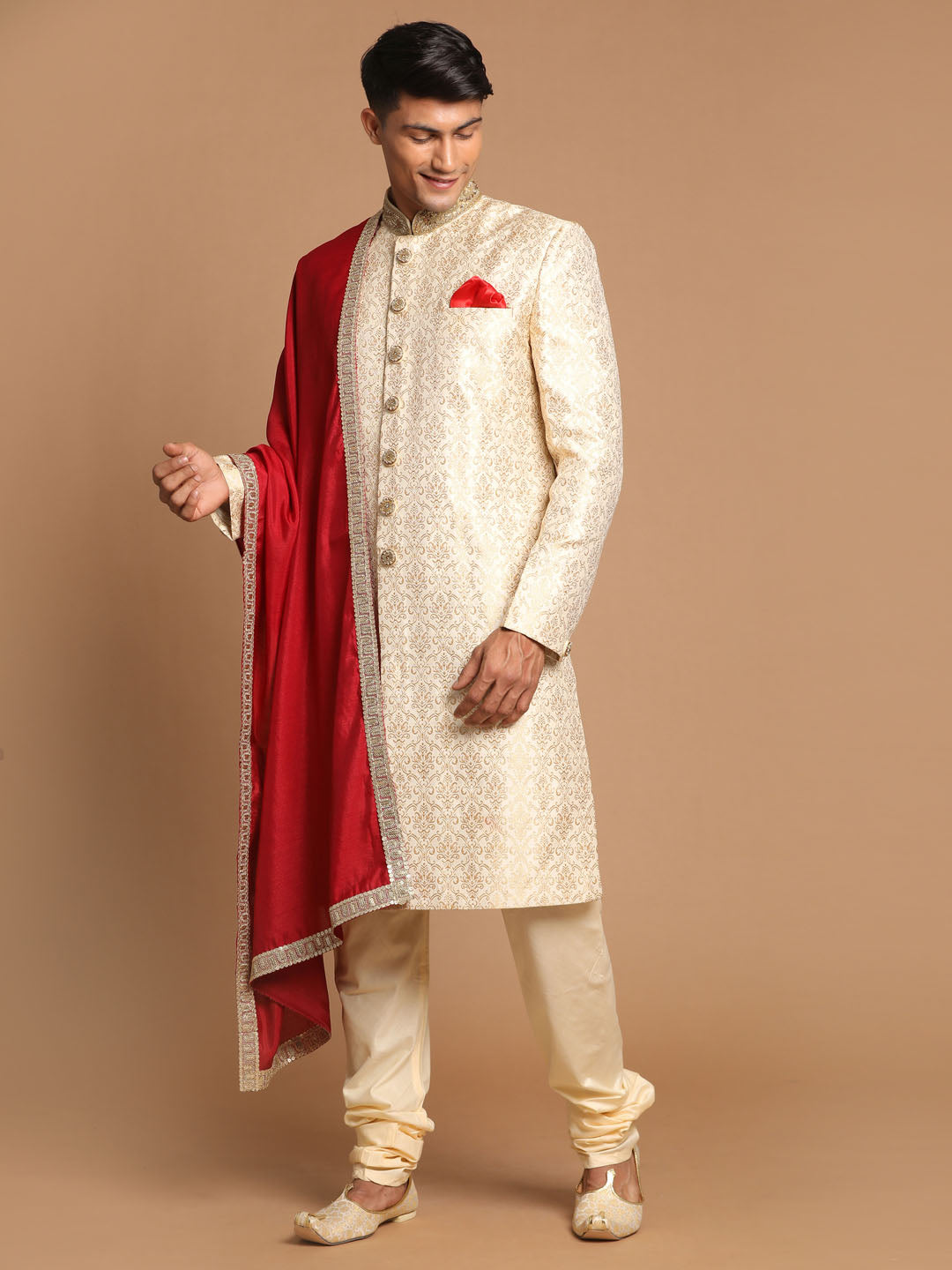 VASTRAMAY Men's Beige And Gold Embroidered Brocade Sherwani Set With Maroon Dupatta