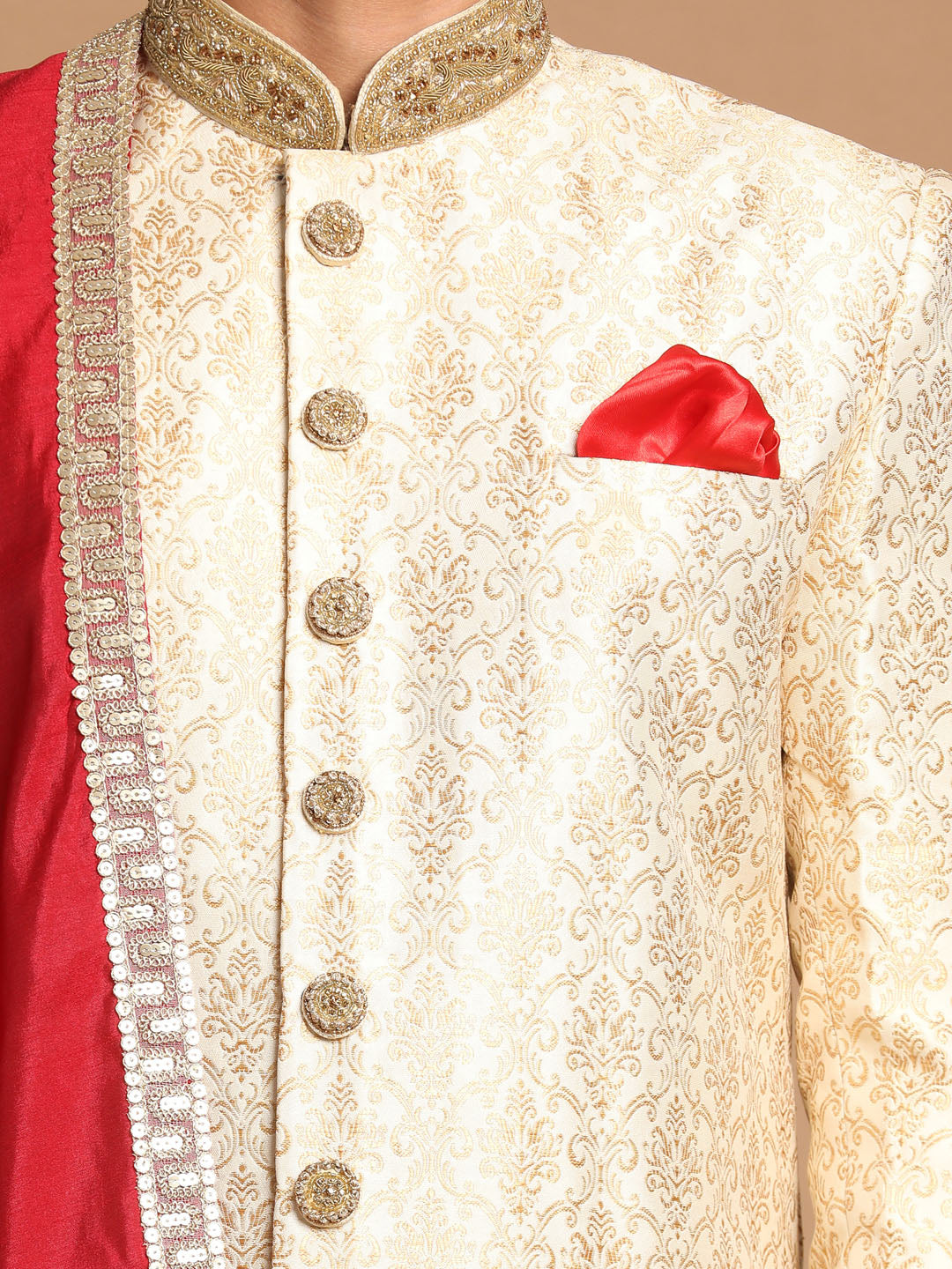 VASTRAMAY Men's Beige And Gold Embroidered Brocade Sherwani Set With Maroon Dupatta